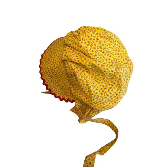 Vintage-Style Yellow Floral Baby Bonnet With Red Ric Rac Trim & Ties - Picture 3 of 4